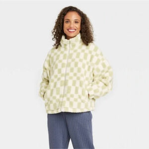 A New Day Fleece Jacket Women's S Green/White Checkered Sherpa Coat Viral
